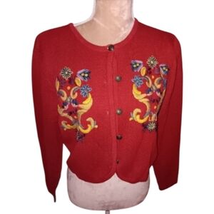 Lizsport ~ Vintage Red Embroidered Floral Cardigan Sweater (Gold Detail)